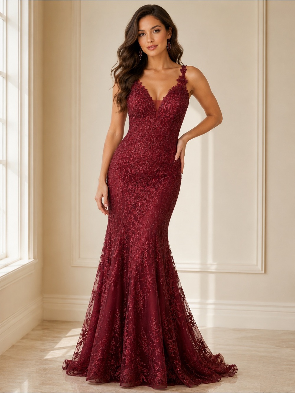 JVN by Jovani Burgundy Embroidered Lace Mermaid Prom Dress Gown - Size 8